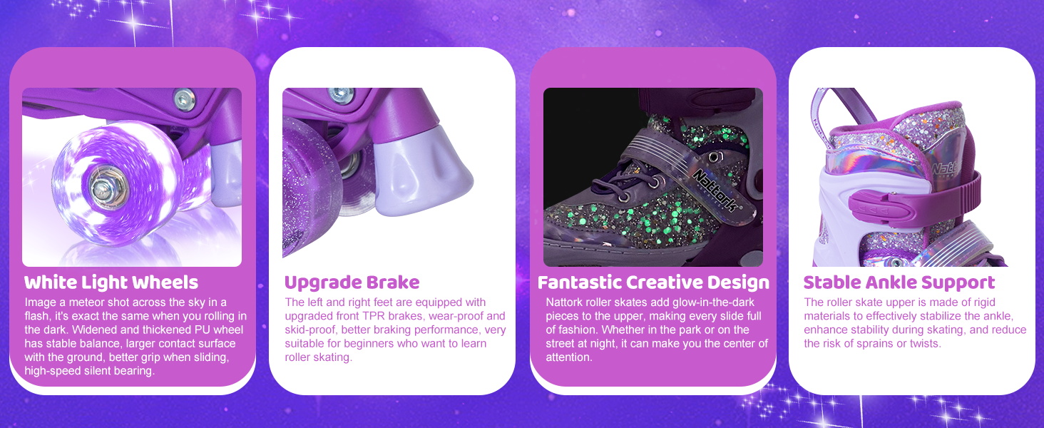 Дитячі ролики Nattork, ролики для катання, регульовані на 4 розміри, для дівчаток та хлопчиків, початківців, для використання в приміщенні та на вулиці, рожеві (S, 175-200 мм / 27-31 EU)