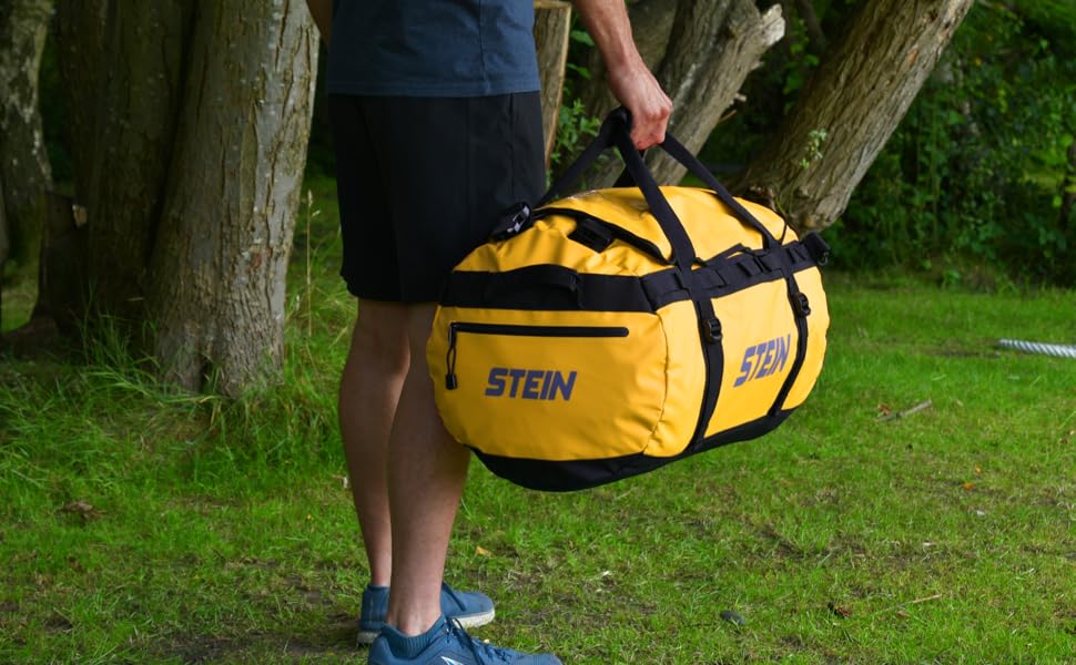 Водонепроникна сумка для подорожей та рюкзак STEIN Metro 90 л, ПВХ-тент, з компресійними ременями та м'якими плечовими ременями, жовтий