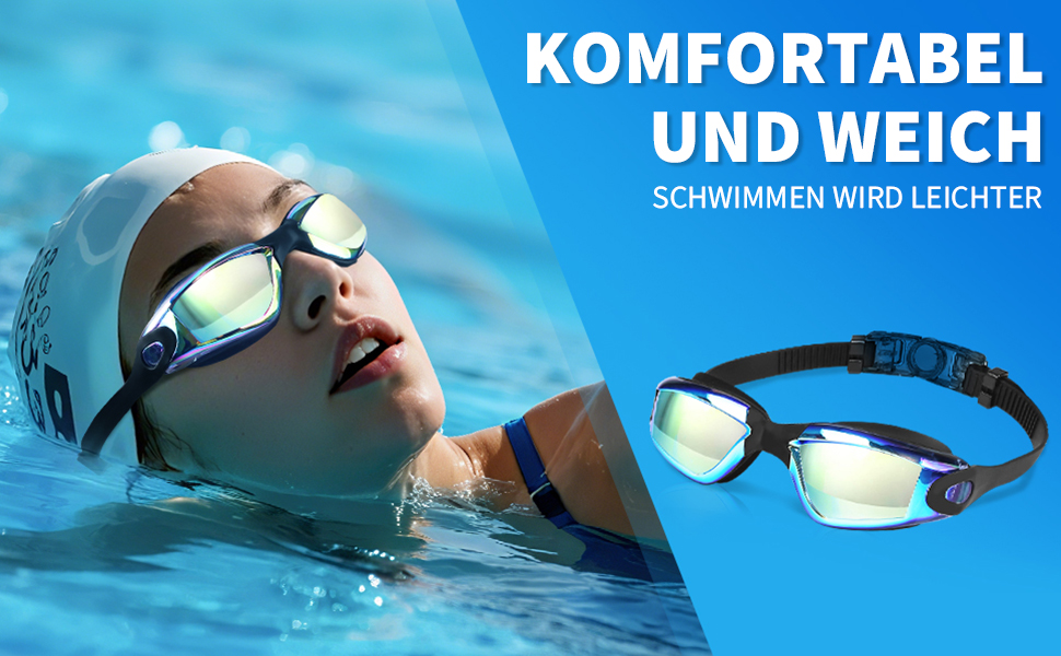 Окуляри для плавання унісекс для дорослих, професійні окуляри для дайвінгу з UV-захистом, антизапітніння, антивитік, чіткий огляд, м'які носові упори (блакитні)