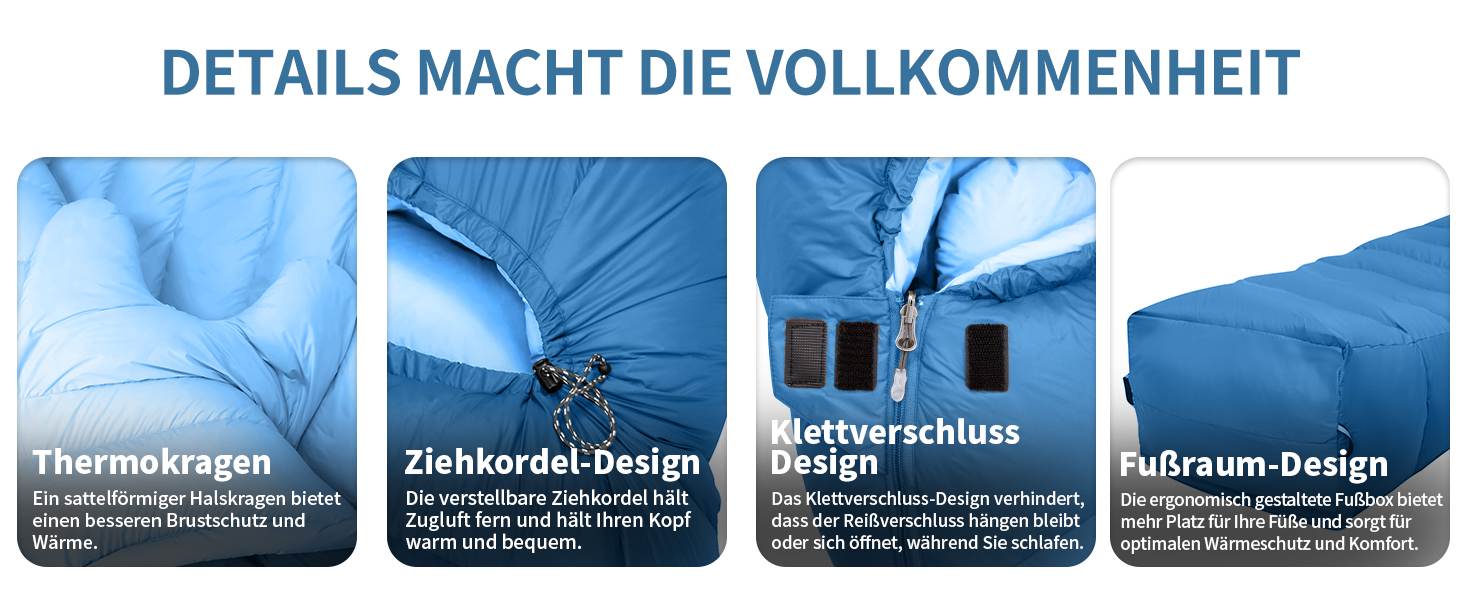 Спальний мішок Daunenschlafsack: теплий зимовий спальник з гусячим пухом 650 fill power, RDS-сертифікований. Діапазон температур: від 8°C до -30°C. Ідеально підходить для кемпінгу та альпінізму. Чорний (-10°C), Синій (-3°C)