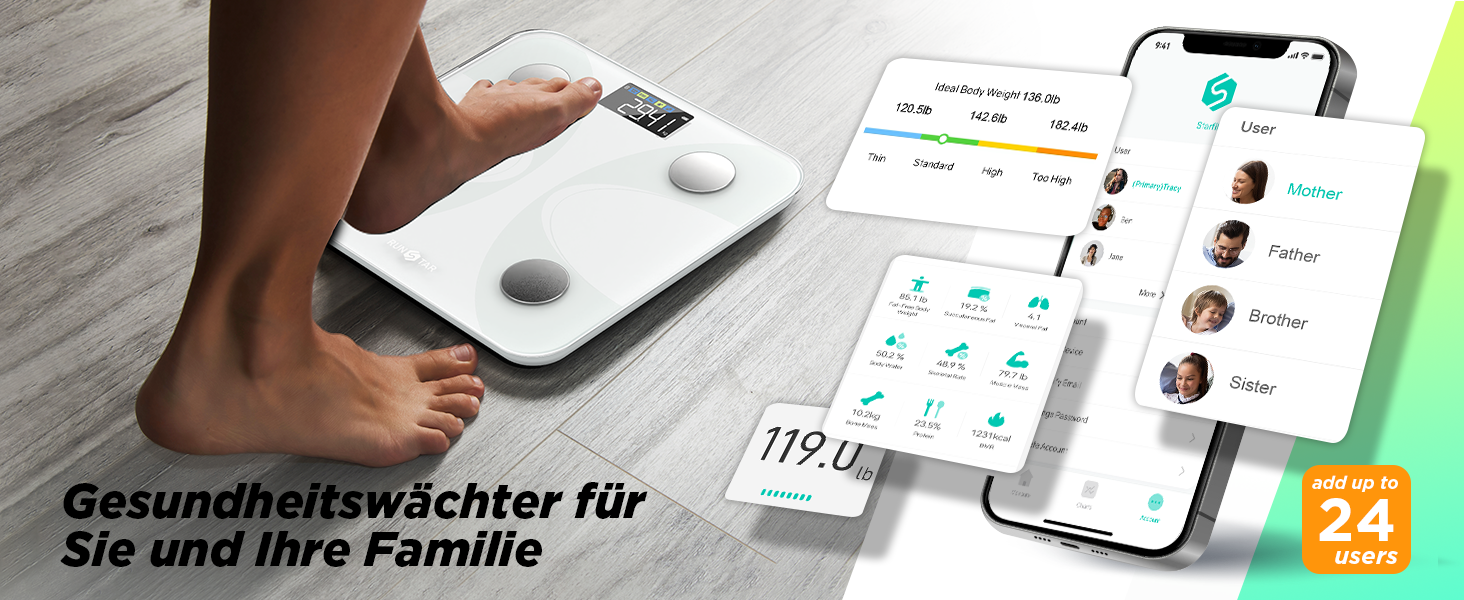 Вага RunSTAR для вимірювання жиру в тілі, електронна персональна вага з великим дисплеєм, аналізатор 13 показників, синхронізація з додатком - білий колір