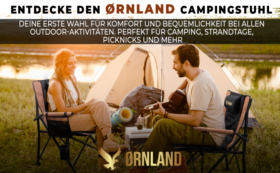 Складний туристичний стілець Ørnland для кемпінгу, риболовлі та пляжу - чорний/коричневий, до 150 кг, з кишенькою та підстаканником