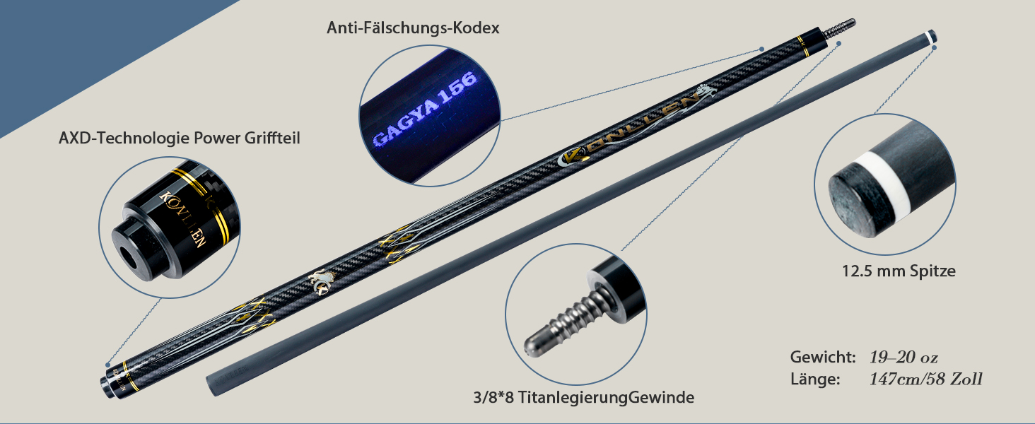 KONLLEN Billardqueue з вуглецевого волокна, 58 дюймів, професійний більярдний кий для дорослих, технологія Vollcarbon, мінімальний відгін, наконечник 12.5 мм (Pro Taper, ультрагладкий) KL-3K