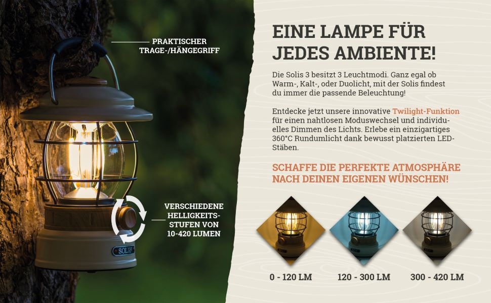 Solis 3 LED кемпінгова лампа з Powerbank, 8000mAh, IP44, регульоване світло, для піших прогулянок (кремовий, ефект дерева)