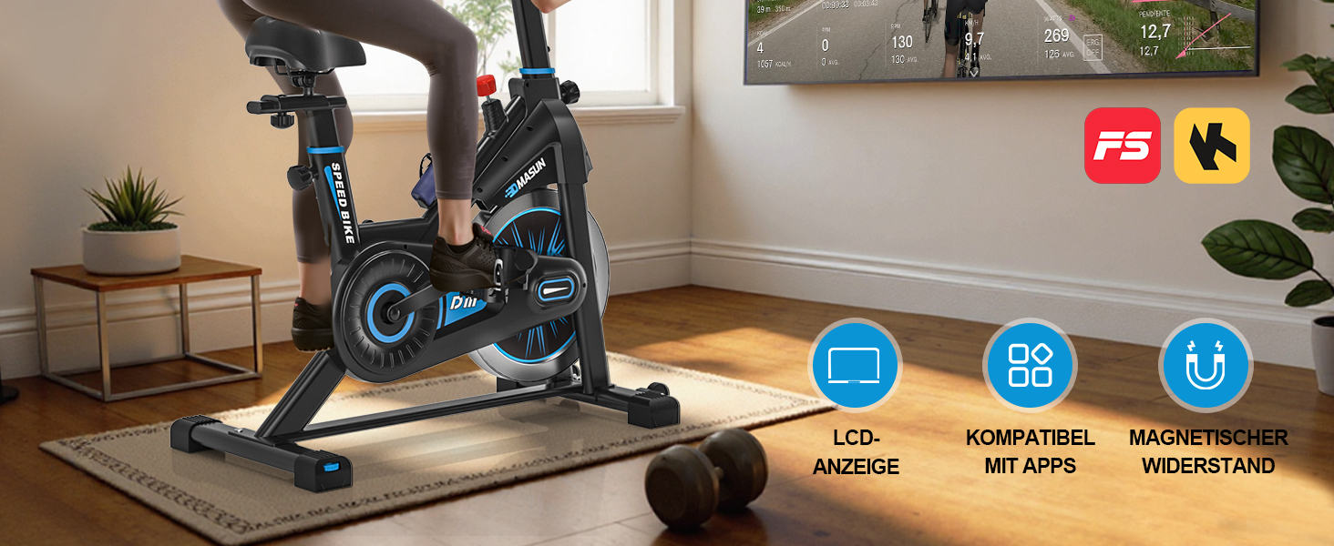 Велотренажер DMASUN з магнітним опором, тихий та стабільний, ергометр з сумісністю з додатком та LCD-монітором, покращений велотренажер для дому, 180 кг, блакитний