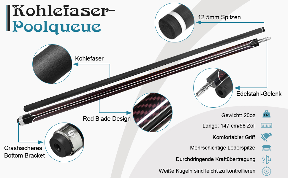 Більярдний кий з карбону, 58 дюймів, наконечник 12.5 мм, 20/21 унцій. Підходить для аматорів та професіоналів