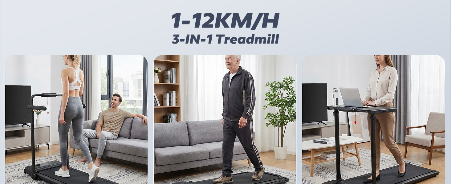 Бігова доріжка Walking Pad 6-в-1 з нахилом 3–15%, регульованою ручкою та столом, швидкість 1–12 км/год, 8-точкова амортизація, LED-дисплей, пульт ДК, до 130 кг