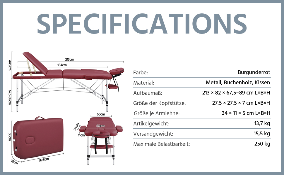 Масажний стіл Yaheetech Масажне ліжко Розкладний терапевтичний стіл Масажний стіл 3 зони Ергономічна масажна лава з підголівником і підлокітниками, шириною 70 см, (213 x 82 см, бордовий)