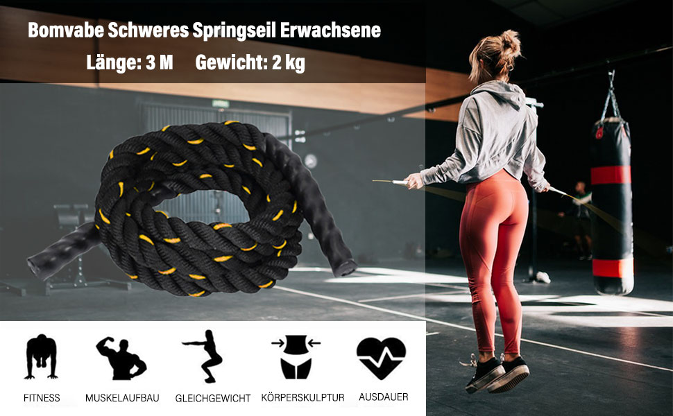 Важкий скакальний трос для дорослих, фітнес, набір м'язів, тренування у спортзалі та на вулиці, чорний (2 кг)