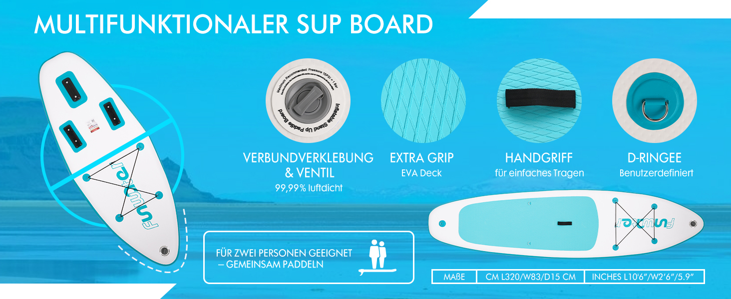 Надувний SUP Борд FunWater 320CM – Комплект для Сапбордингу: Весло, Рюкзак, 3 Ласти, Насос, Леєра. Підходить для початківців та досвідчених. 10' 6 – Оранжевий/Білий