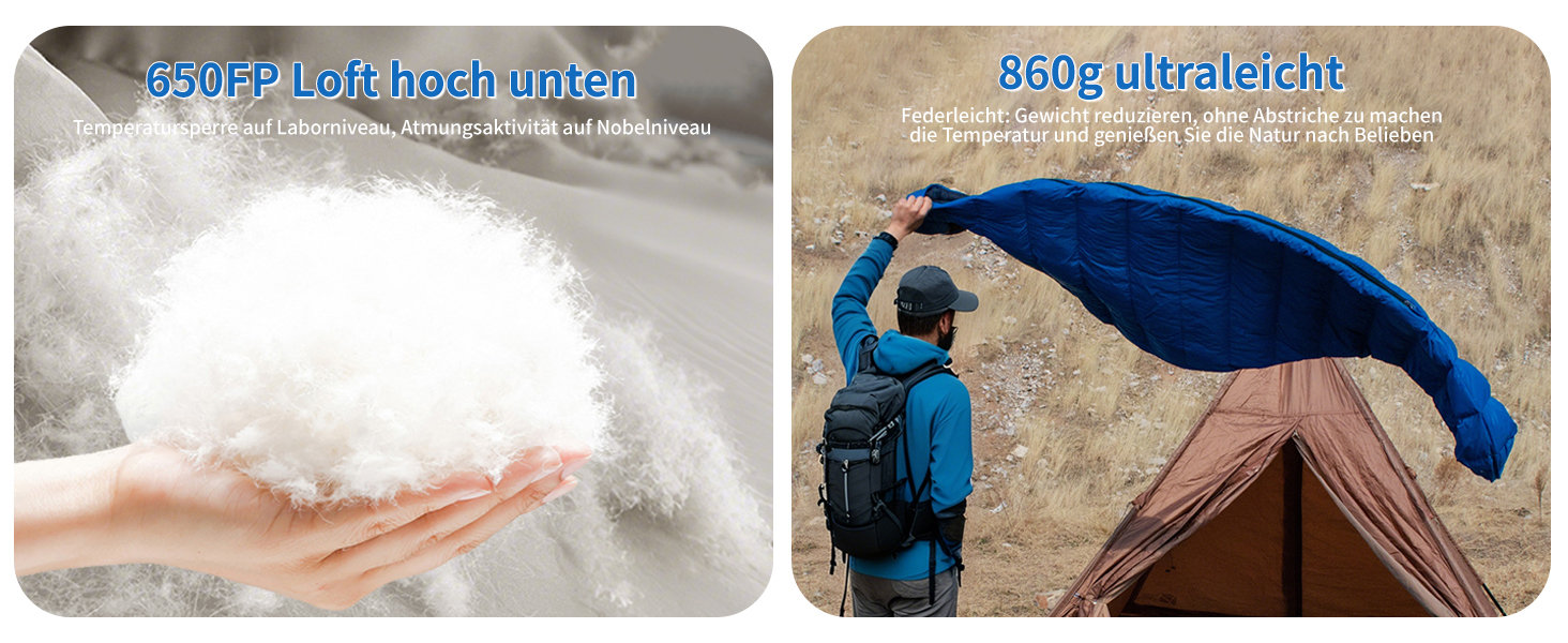 Спальний мішок для дорослих та дітей, зимовий, легкий, Outdoor 8°C ~ -30°C, для кемпінгу та альпінізму, 650 FP гусячий пух, 500г, чорний