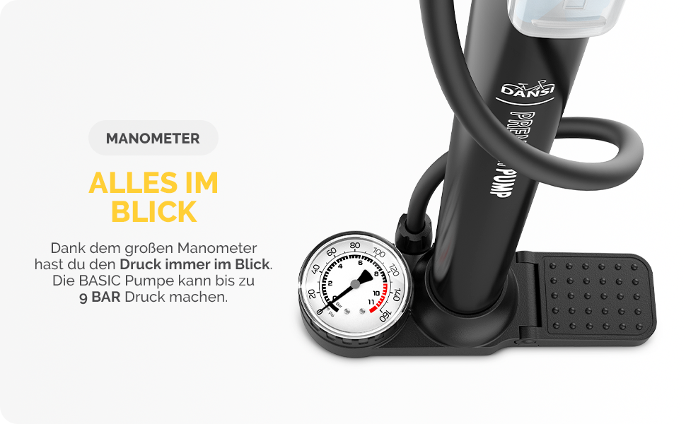 Насос для велосипеда DANSI Stand-Fahrradpumpe - універсальний з манометром та адаптерами | Підходить для мотоцикла, електровелосипеда, авто та спортивного інвентарю