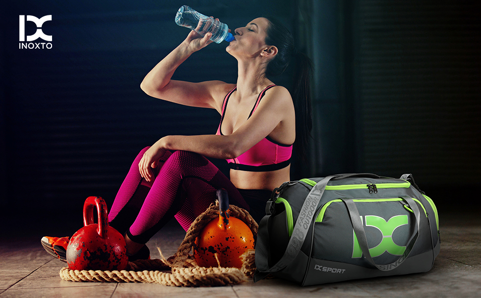 Спортивна сумка для подорожей INOXTO, складана дорожня сумка з відділенням для взуття та мокрих речей, універсальна сумка для кемпінгу та вікенду (Сіра з флуоресцентним зеленим)