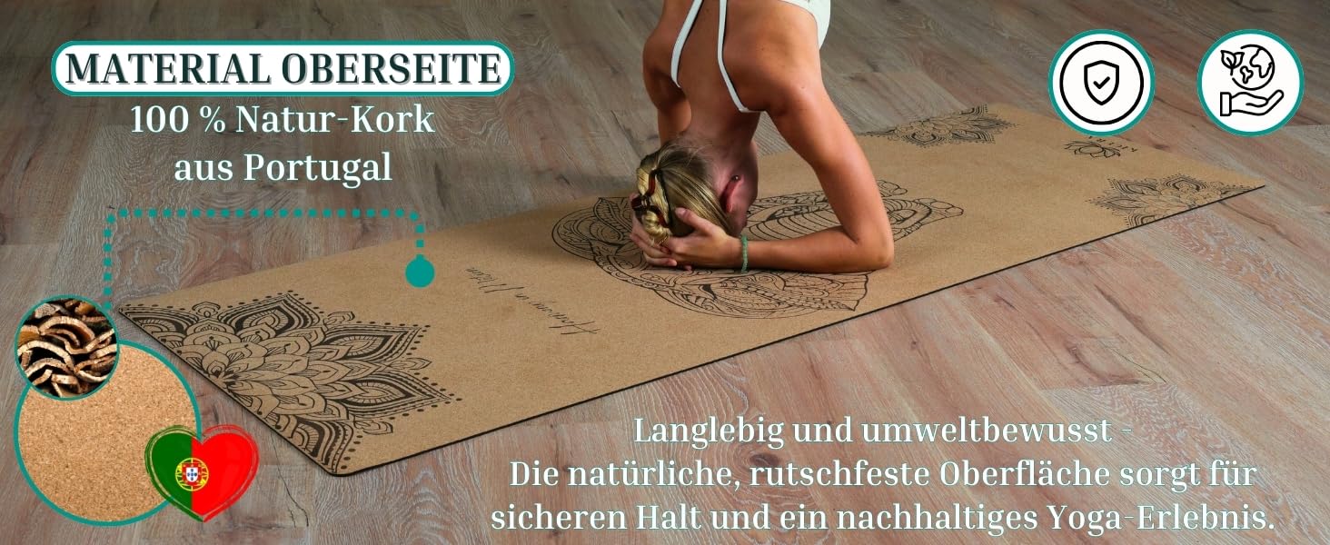 Кікура Йога-мат з корку та натурального каучуку з мотивом слона – Нековзна преміум-мат, 4 мм, з ремінком – Екологічна, 3 розміри (M, L, XL), XL - 200x68x0,4 см