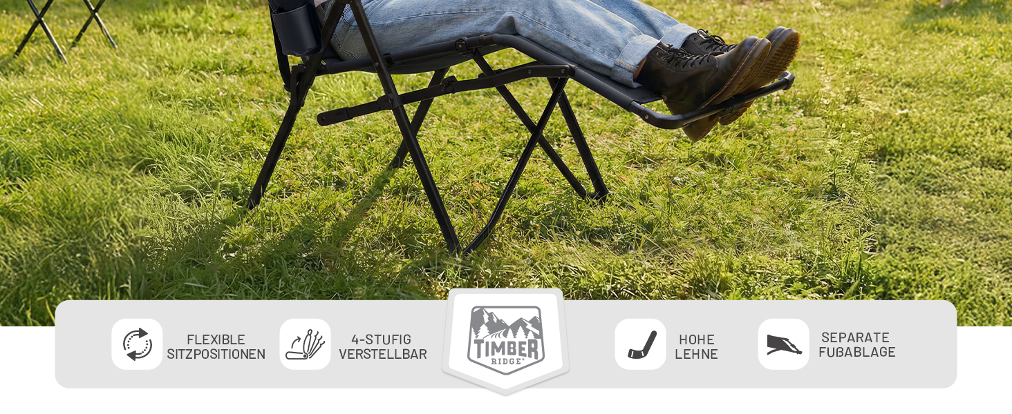 Розкладне крісло для кемпінгу TIMBER RIDGE з підставкою для ніг, 4 положення спинки, м'яке сидіння, навантаження до 150 кг, для саду, балкона та автодома