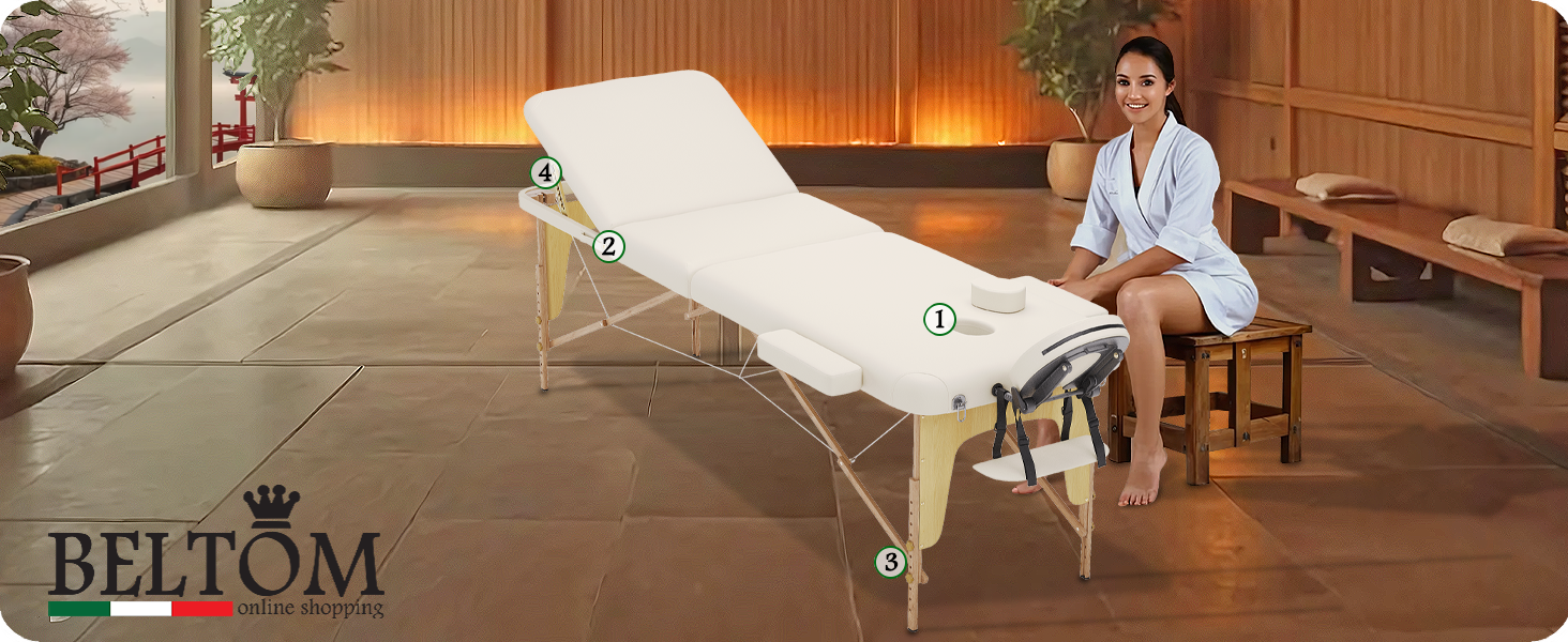 Масажний стіл Beltom® Mobile Massagetisch 195x70 см, складаний, 3 зони, косметологічний, з тасьмою - кремовий колір