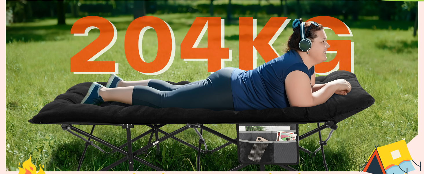 Розкладне ліжко Sportneer для кемпінгу та відпочинку: 200x81x47 см, чорне, з матрацом та сумкою для зберігання