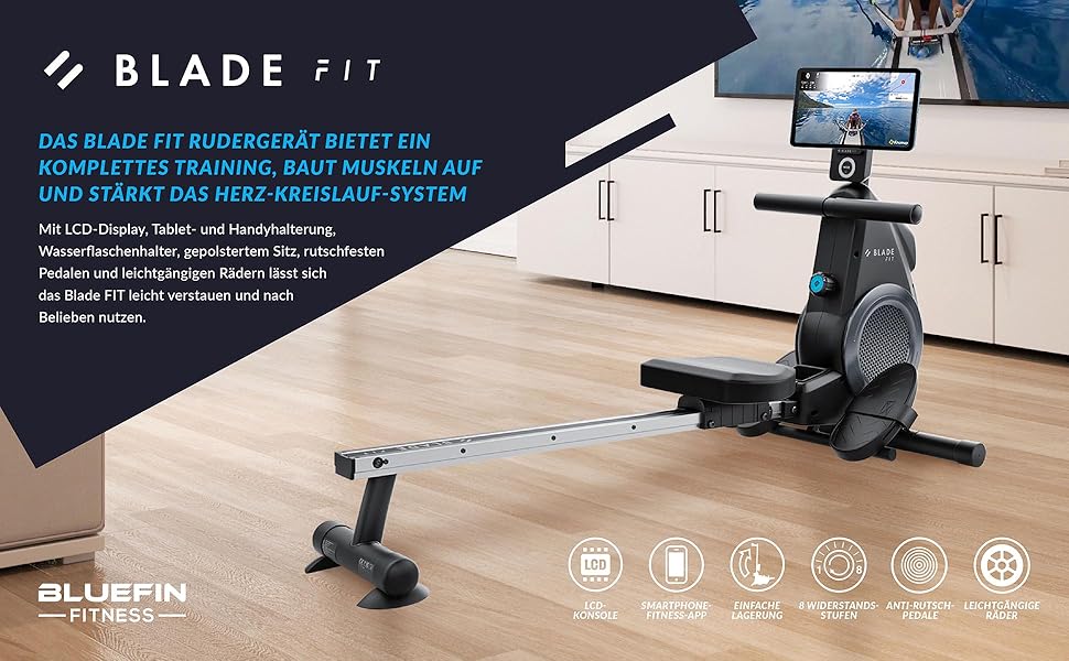 Bluefin Fitness Blade FIT: Гребний тренажер, сумісний з Kinomap, складаний, з LCD-консолью та мобільним додатком