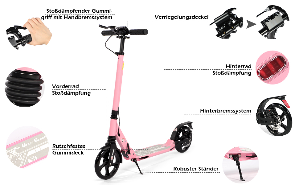 Дитячий та дорослий електричний самокат-тріскач з великими колесами 200 мм, складний, з гальмами та амортизацією (Рожевий)