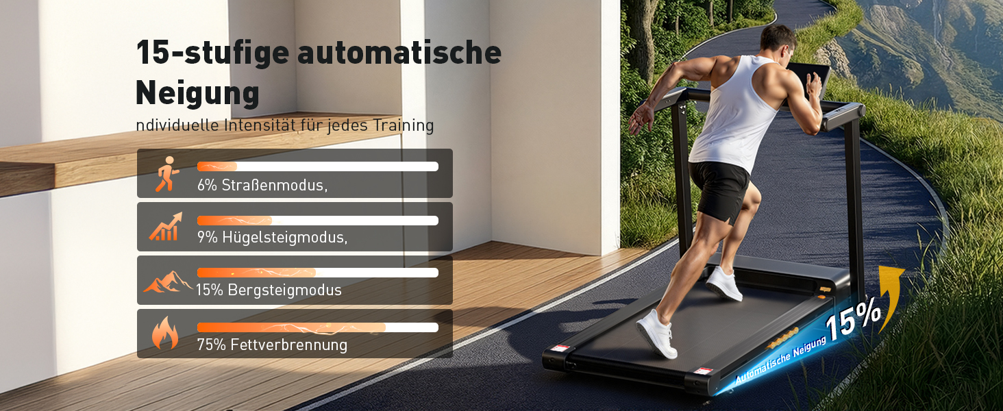 Складний біговий тренажер для дому з автоматичним нахилом 15%, потужність 3.5 PS, 12 програм HIIT, Smart App, швидкість 1-14 км/год, LED дисплей, вимірювання пульсу, вантажопідйомність 136 кг, чорний