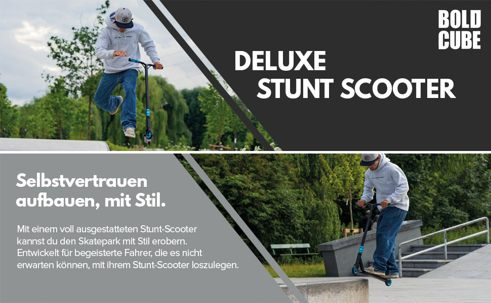 Трюковий самокат BOLDCUBE Deluxe Stunt Roller Black Fire з підшипниками ABEC 9 для дітей, підлітків та дорослих (6+ років)