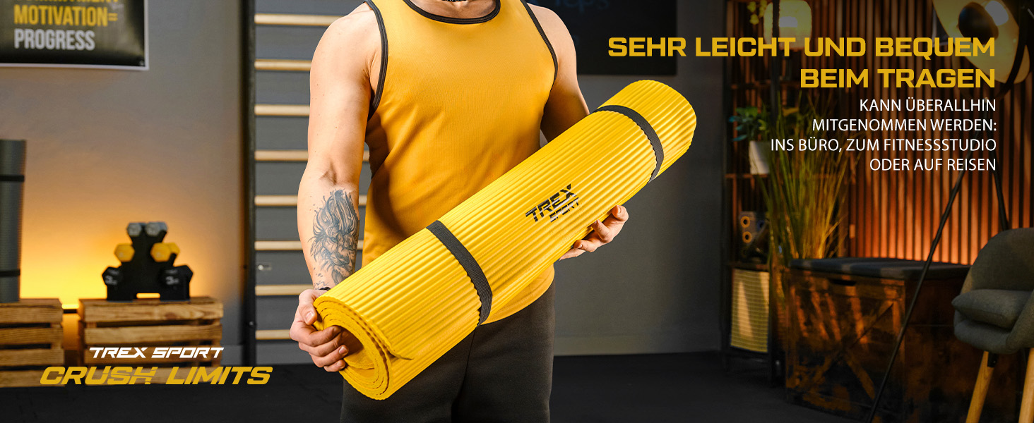 TREX SPORT Килимок для гімнастики та фітнесу, 190x80x1 см, жовтий | Килимок для йоги з неслизьким покриттям та ручкою для перенесення