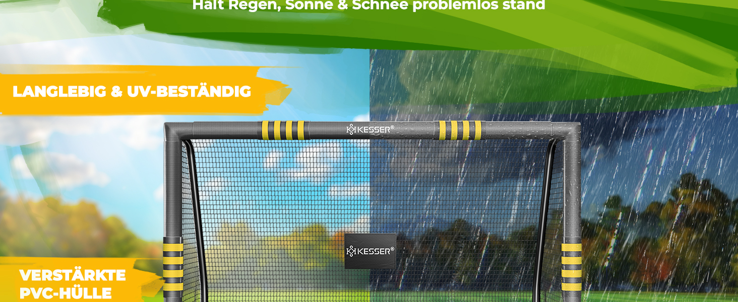 Ворота для футболу KESSER® для саду: міцні, для тренувань на вулиці, з UV-стійкою сіткою, сталевий каркас з покриттям, земляні кілки, насос, фішки, аксесуари для монтажу (240см, антрацит)