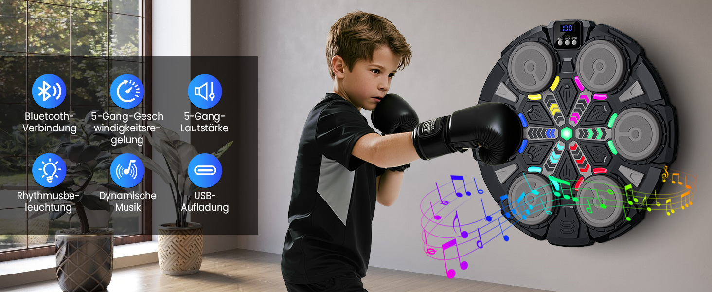 Музична боксерська машина IERAKOR для дітей з LED-підсвіткою, Bluetooth, 5 швидкостей, чорна
