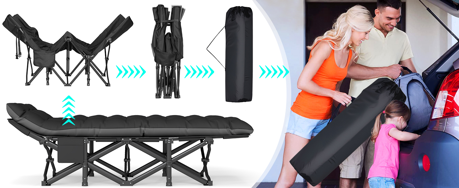 Розкладне ліжко-тахта для кемпінгу з матрацом, сталеве, чорне, 190x71x35 см