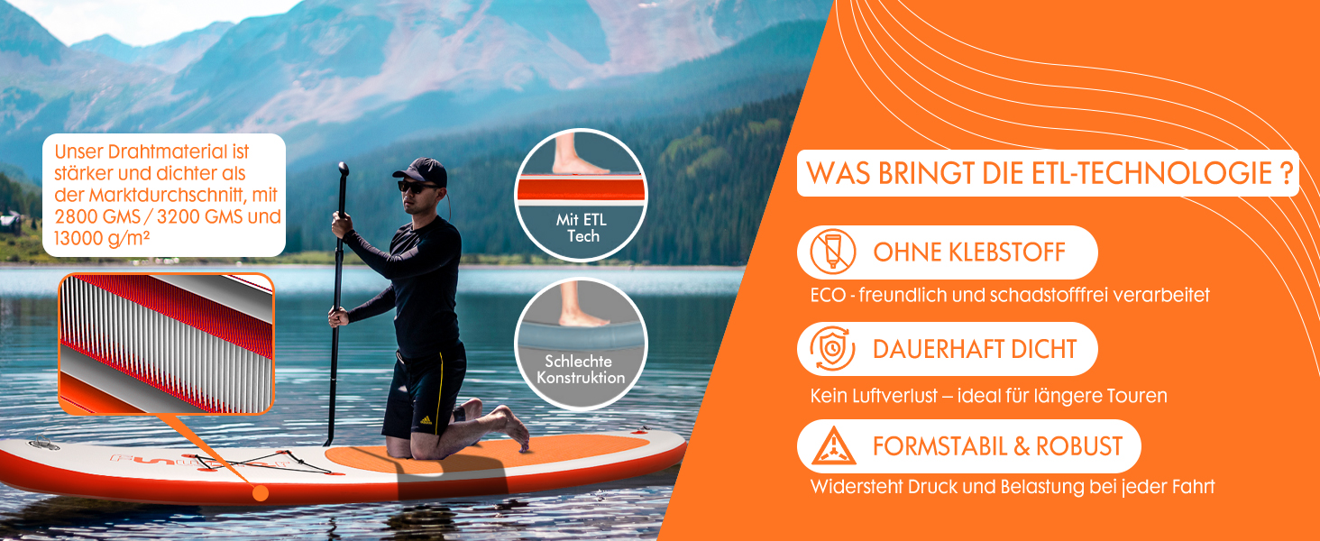 Надувний SUP-борд FunWater 320CM – комплект: весло, рюкзак, 3 ласти, насос, лінь – для початківців та досвідчених райдерів, 10'6, Orange/Weiß