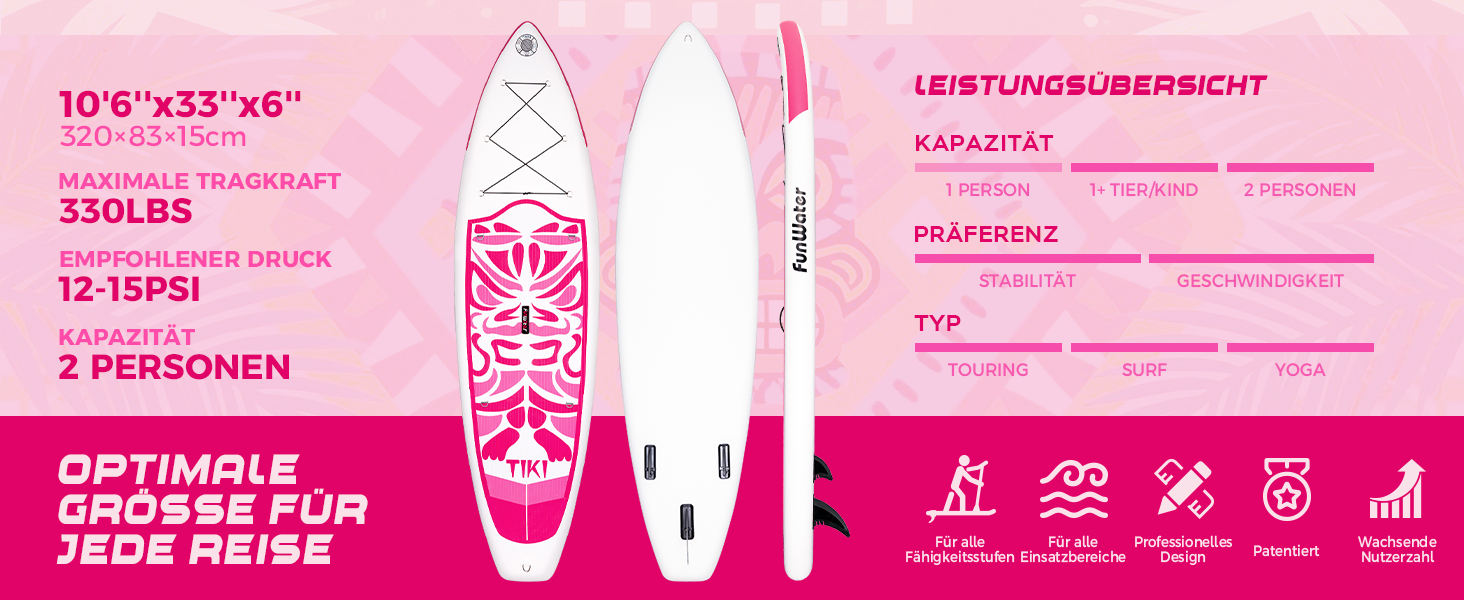 Надувний SUP (Stand Up Paddle Board) FunWater 10'6' & 11'6' з аксесуарами: весло, насос, рюкзак, плавники. Підходить для будь-якого рівня майстерності. Колір: Рожевий (Tiki).