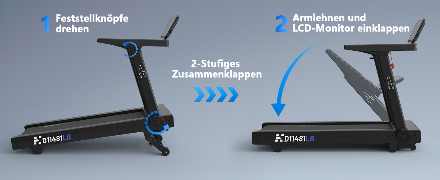 Бігова доріжка для дому Laufband 7HP, складний, кут нахилу 20%, швидкість 1-20 км/год, макс. вага 180 кг, Bluetooth, пульсометр, LED-дисплей, тримач для планшета, преміум чорний