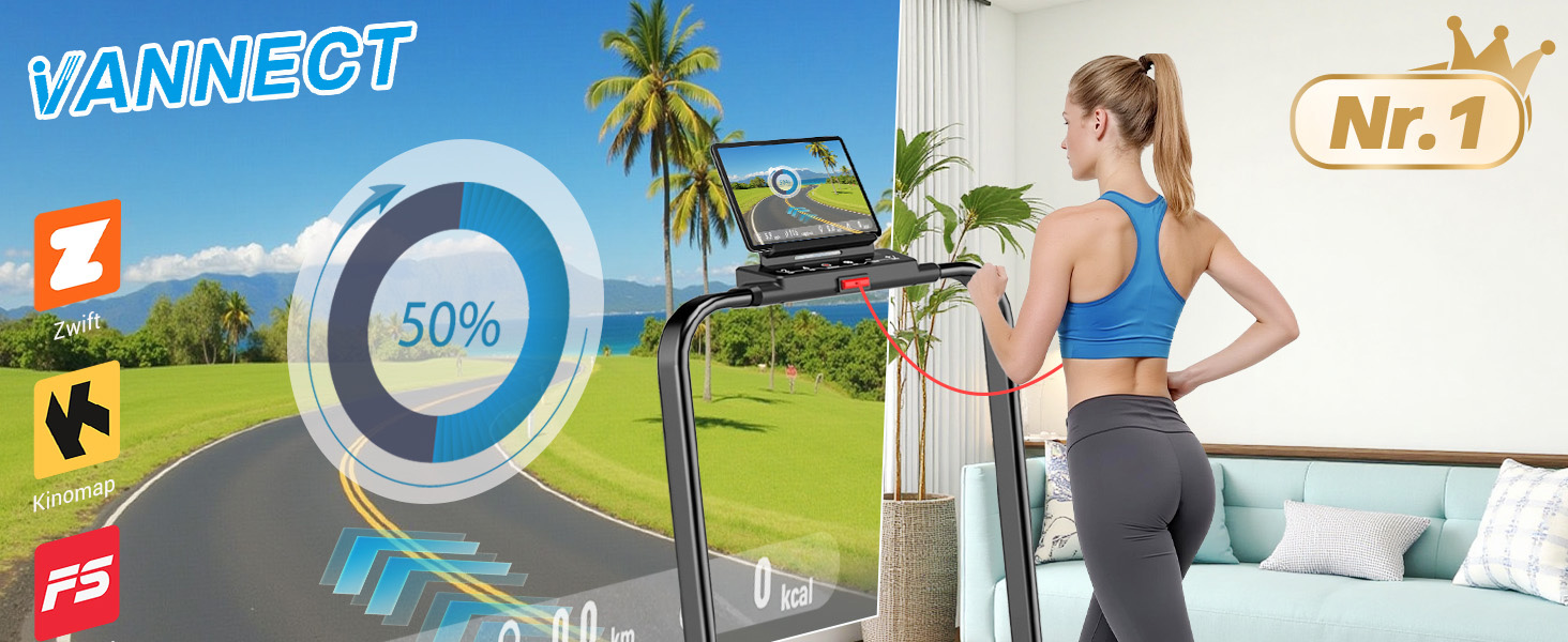 Vannect Walking Pad - складане бігове полотно для дому, 1-12 км/год, нахил 9%, LCD-дисплей, керування з пульта, додатком та ручкою, до 150 кг, чорно-синій