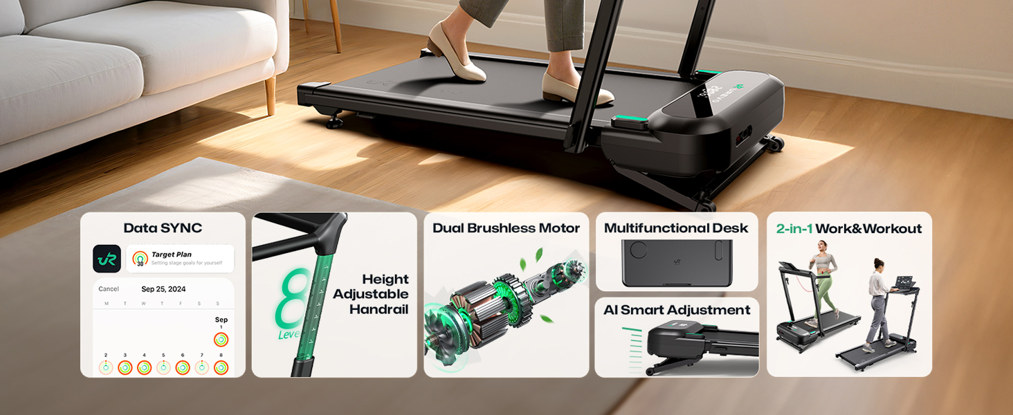 Біговий тренажер Smart з автоматичним нахилом 9%, двигун 2.5 PS Brushless, складаний біговий килимок для дому та офісу, велика площа для бігу, тихий та для суглобів, додаток з AI, World-Tour та HIIT, автоматичний нахил з столом та ручкою підтримки