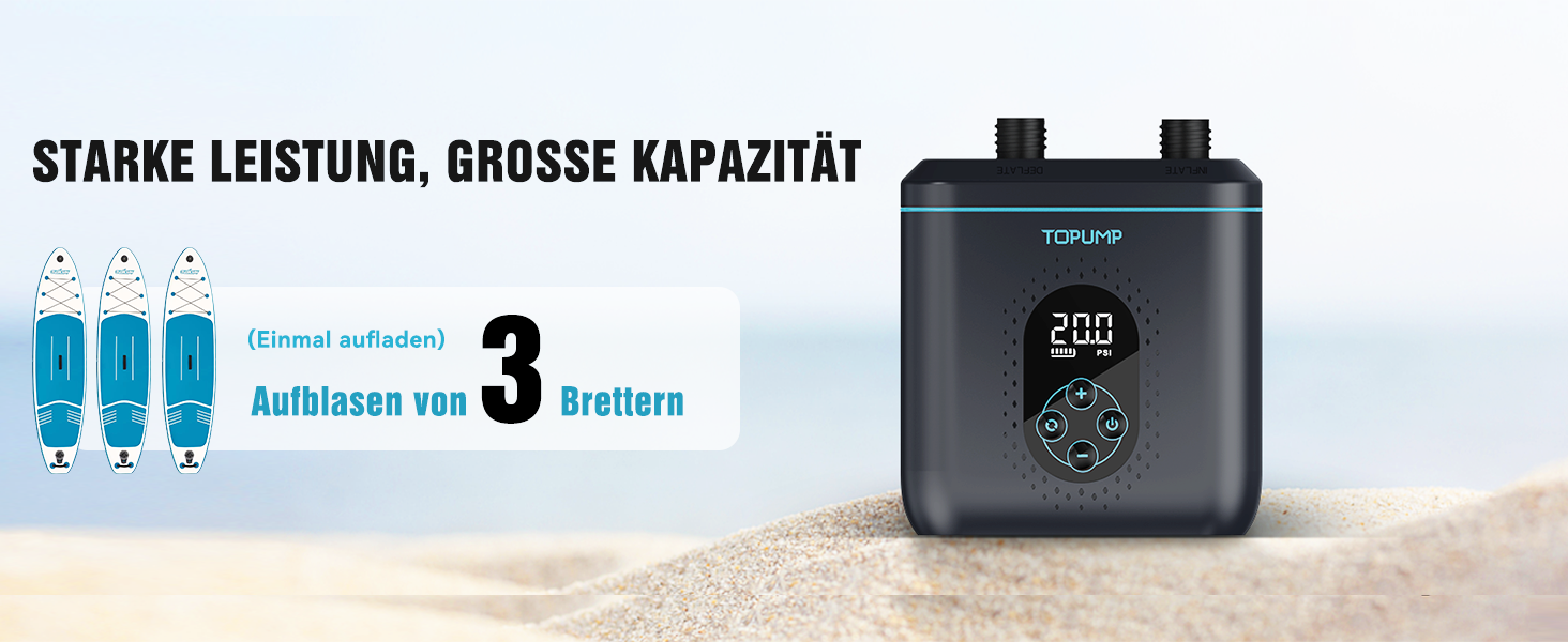 Електричний насос для SUP, каяк, човен: TOPUMP 20PSI TPS260, акумулятор, авто-вимкнення, накачування/здування, Type-C, блакитний