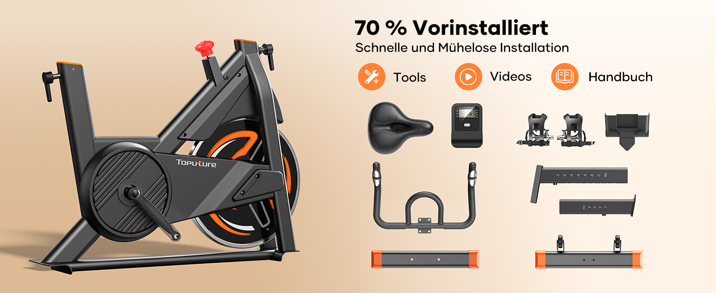 Велотренажер Neu Toputure з вимірюванням пульсу, 15 кг маховик, магнітний опір, до 160 кг, тримач для планшета, тримач для напоїв, помаранчевий