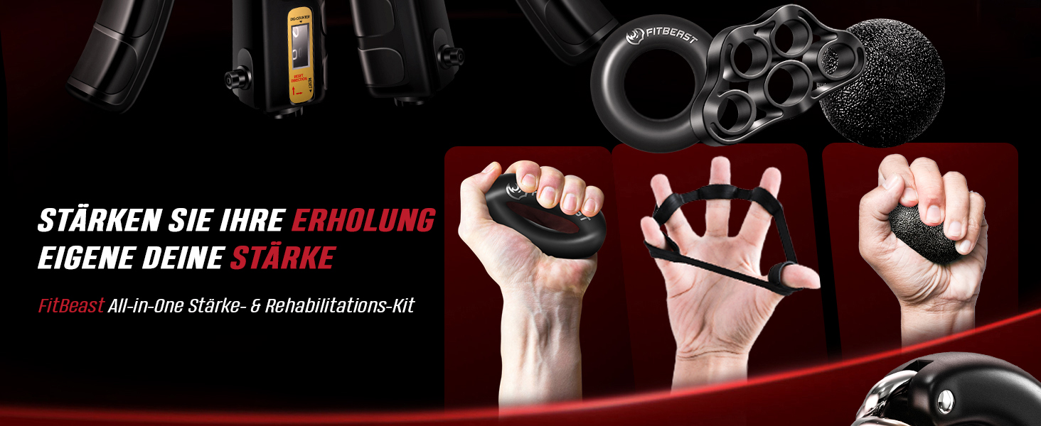 FitBeast Набір для тренування рук (5 шт.): підручник для підручника, фінгердехнер, м'яч для хвата, антистрес. Чорний