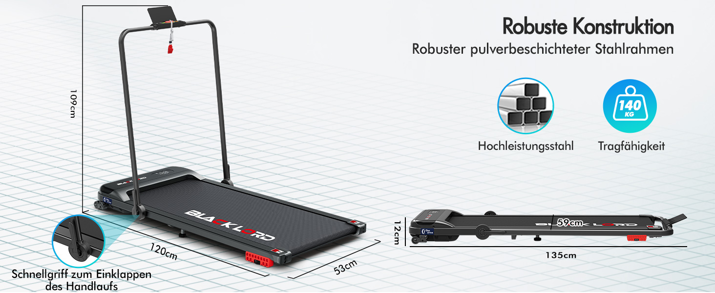 Walkingpad Laufband BLACK LORD MS2H: біговий доріжки для дому, 9-16 км/год, нахил до 9%, 2.2-3.2 PS, до 140 кг, LED-дисплей, мобільний додаток, тиха робота, чорний колір (з ручками)