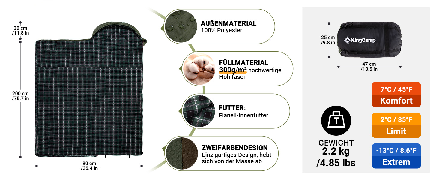 Сплячий мішок KingCamp Flannel для дорослих, 3-4 сезони, ультралегкий, бавовна, теплий, ковдровий, водонепроникний, для кемпінгу (зелений/коричневий, L, блискавка)