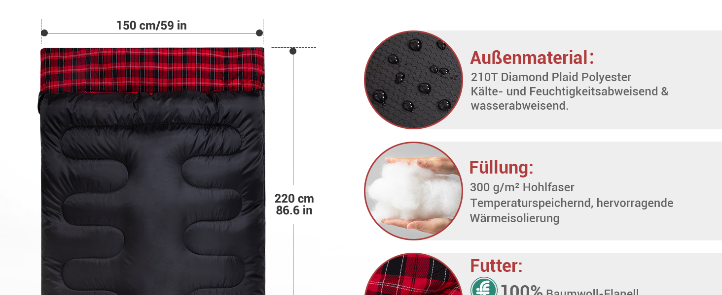 Спальний мішок KingCamp на 2 особи з фланелі, зимовий, для кемпінгу та відпочинку на природі, 3-4 сезони, з 2 подушками, підходить для дітей та дорослих (зелений)