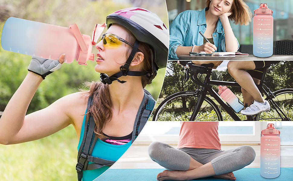 Спортивна пляшка для води MOMSIV 2L з трубочкою та відсіком для фруктів, з позначками часу, чорно-рожева, BPA Free