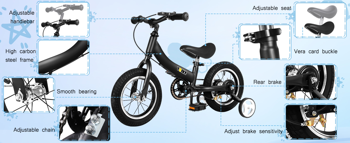 YBIKE 2-в-1: Біговел та дитяче велосипед, 12/14/16 дюймів, з гальмом та педалями, для дітей 1-7 років (Чорний, 16 дюймів)