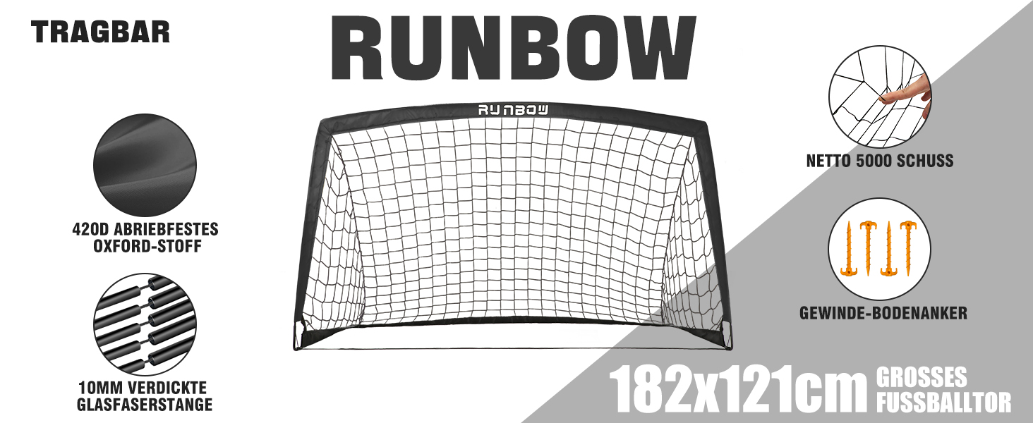 Дитячі ворота для футболу RUNBOW 1,8 x 1,2 м, портативні, з сумкою, чорні