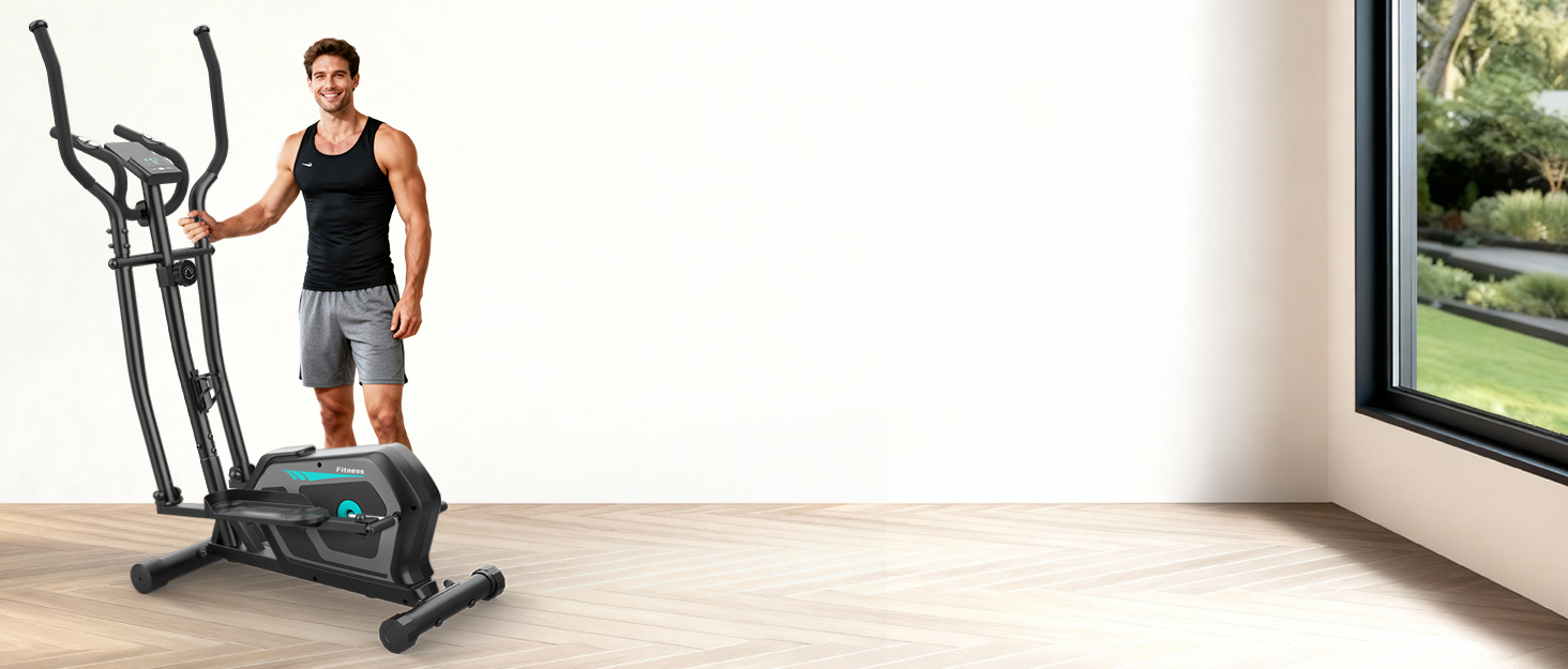 Крос-тренажер для дому 3-в-1 з регулюванням опору, LCD-монітором, тримачем для води та мобільного пристрою, 6 кг маховиком, до 130 кг, оранжевий та чорний (Bluetooth)