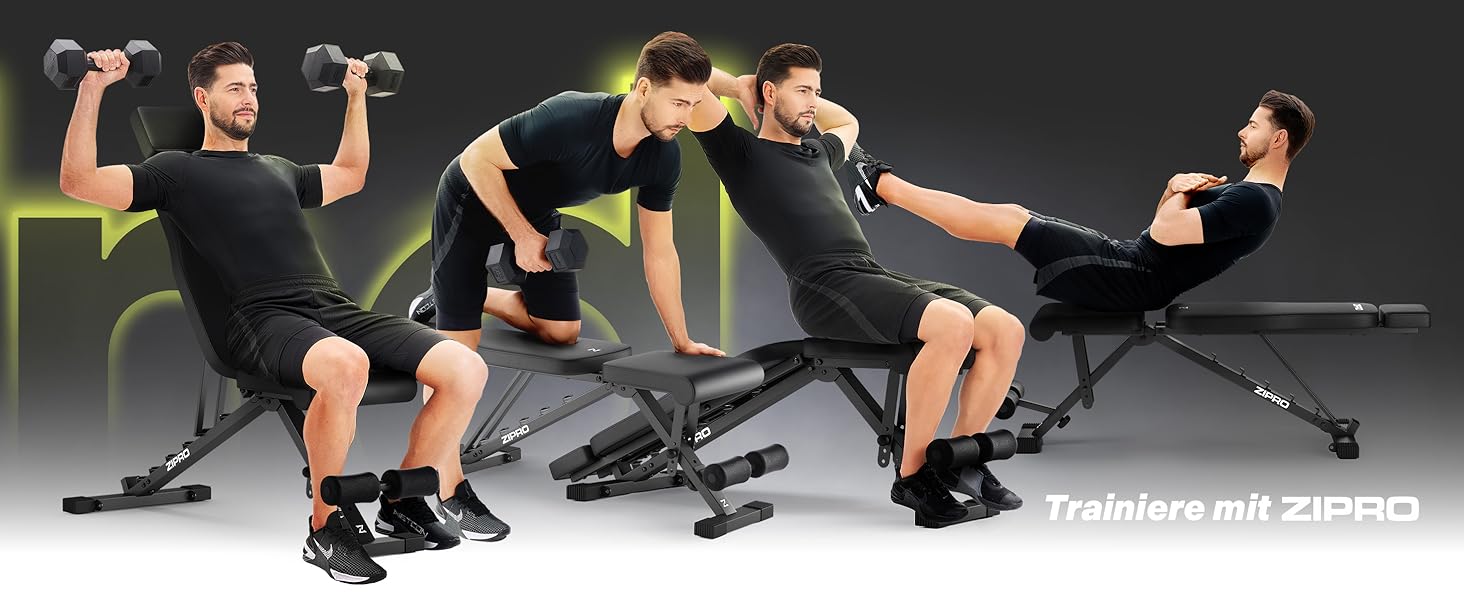 Спортивна лава ZIPRO для дому: 7 положень, навантаження до 300 кг, тренажер для пресу та спини, чорний колір