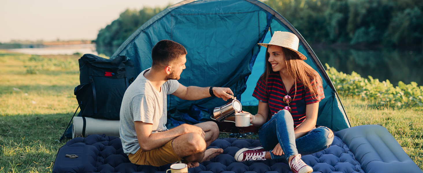 Килимок для кемпінгу Ciskotu самонадувний 8 см з подушкою. Підходить для кемпінгу, піших прогулянок та подорожей. (Синій+Сірий)