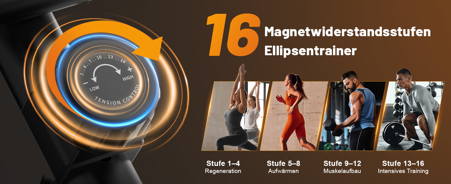 Еліптичний тренажер 3-в-1 Premium: маховик 10 кг, 16 рівнів навантаження, пульсометр, підтримка додатків, до 150 кг, чорний