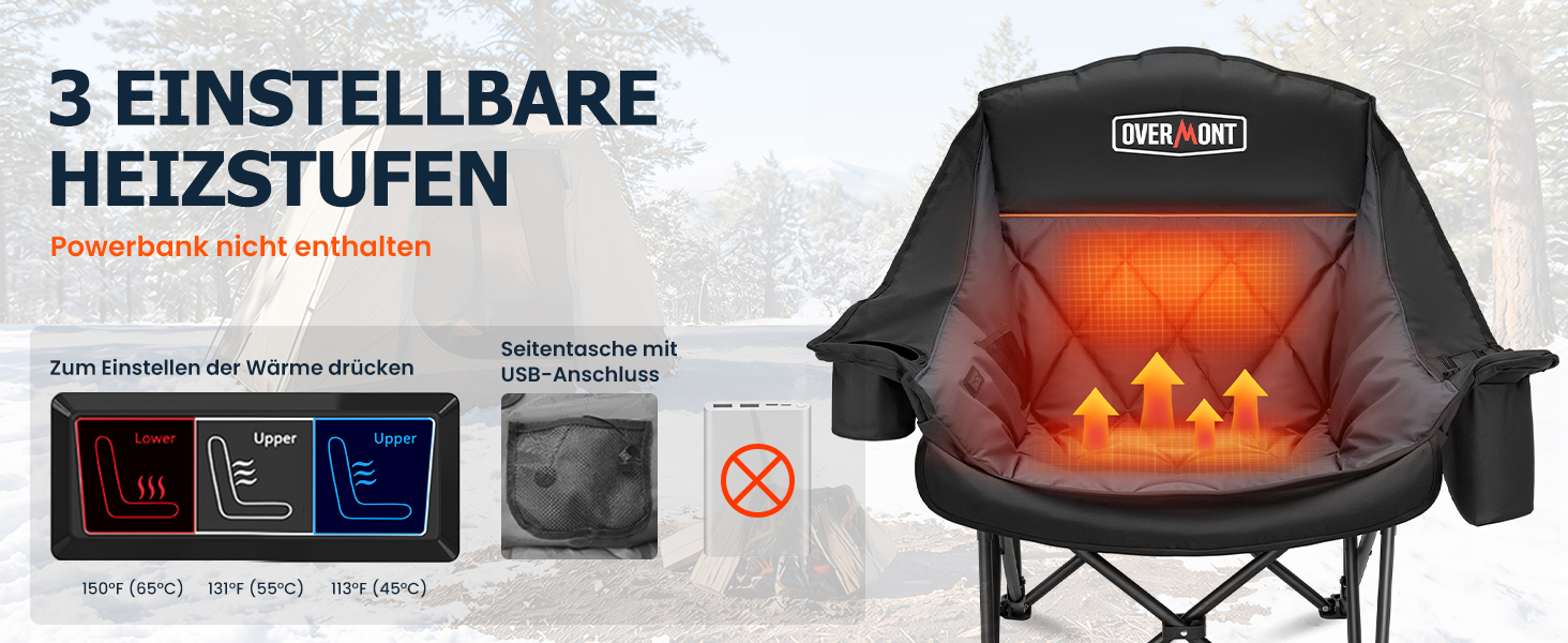 Овермонт: Обігрівальний XL стілець для кемпінгу, дорослий – складаний стілець, ідеальний для зимових походів, кемпінгу та риболовлі (Чорно-сірий)