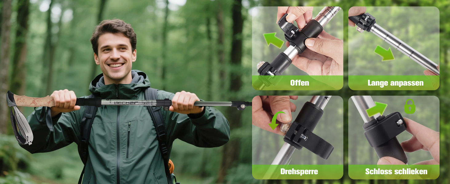 Телескопічні палиці для скандинавської ходьби Nordic Walking з корковими ручками, алюмінієві регульовані палиці для хайкінгу та прогулянок, 62–135 см, чорні (Upgrade 2025)