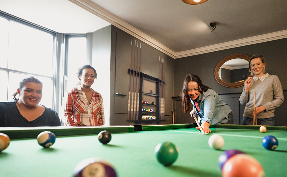 Стенд для київ Leogreen на 8 київ, 18 куль, 3 підставки для куль та рулон паперу. Настінний органайзер з дерева для більярдних кімнат, барів та клубів